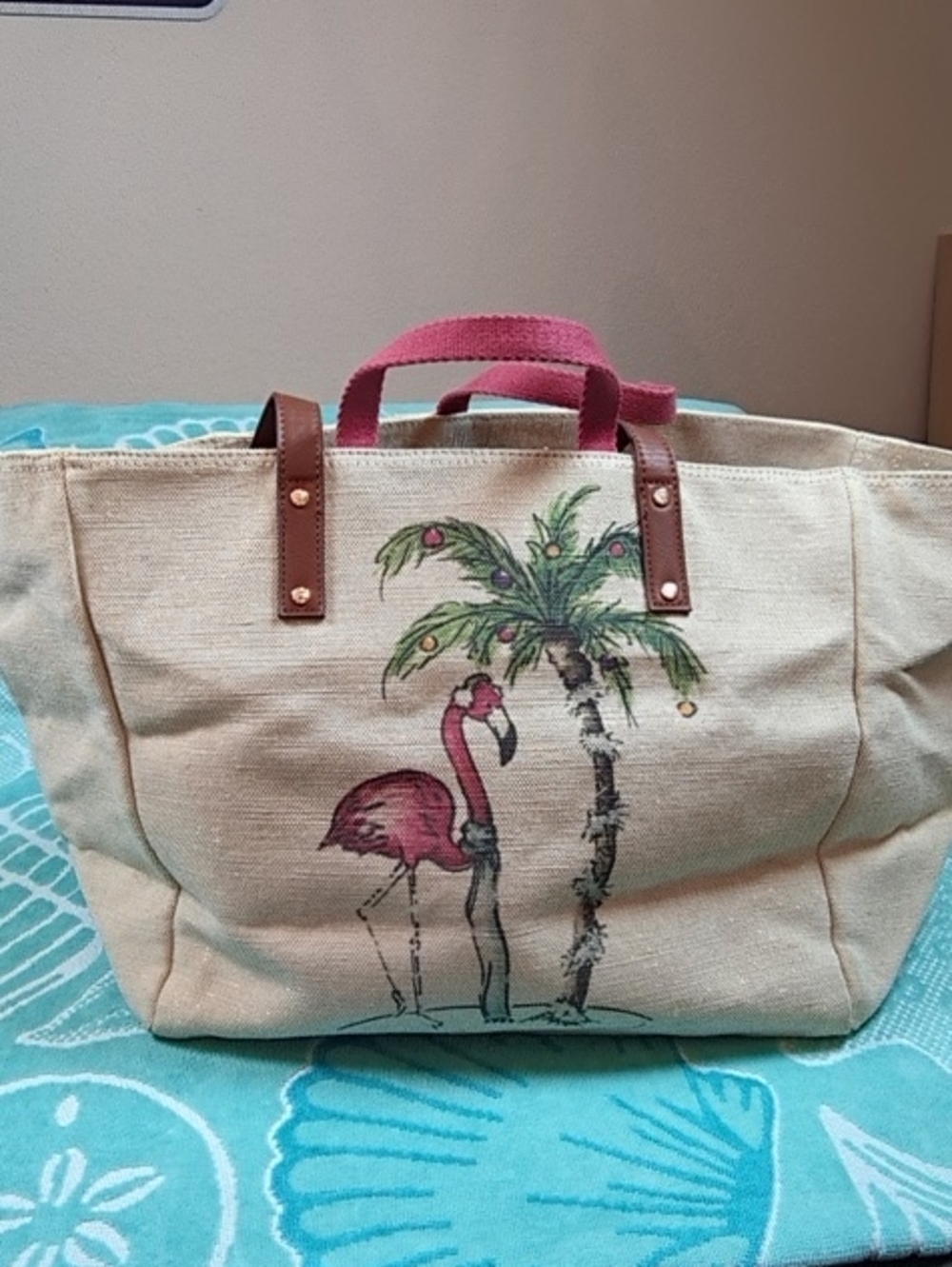 Tommy Bahama Canvas Tote with Pink Handles and Flamingo Print